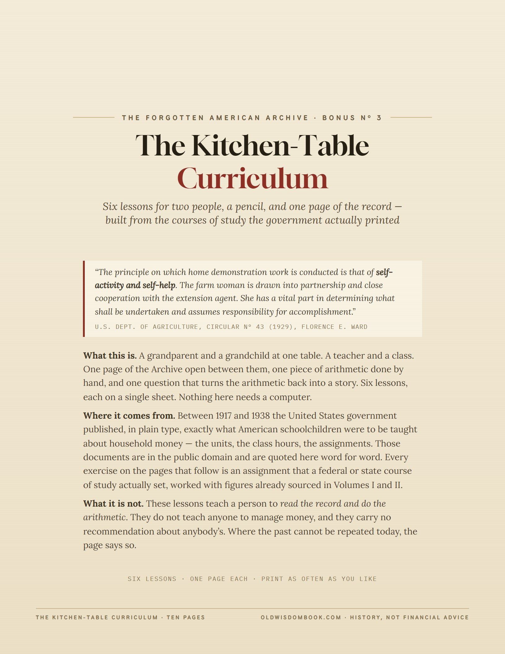 The Kitchen-Table Curriculum — six one-page lessons quoting the federal courses of study, with the U.S.D.A. Circular Nº 43 passage printed at the head