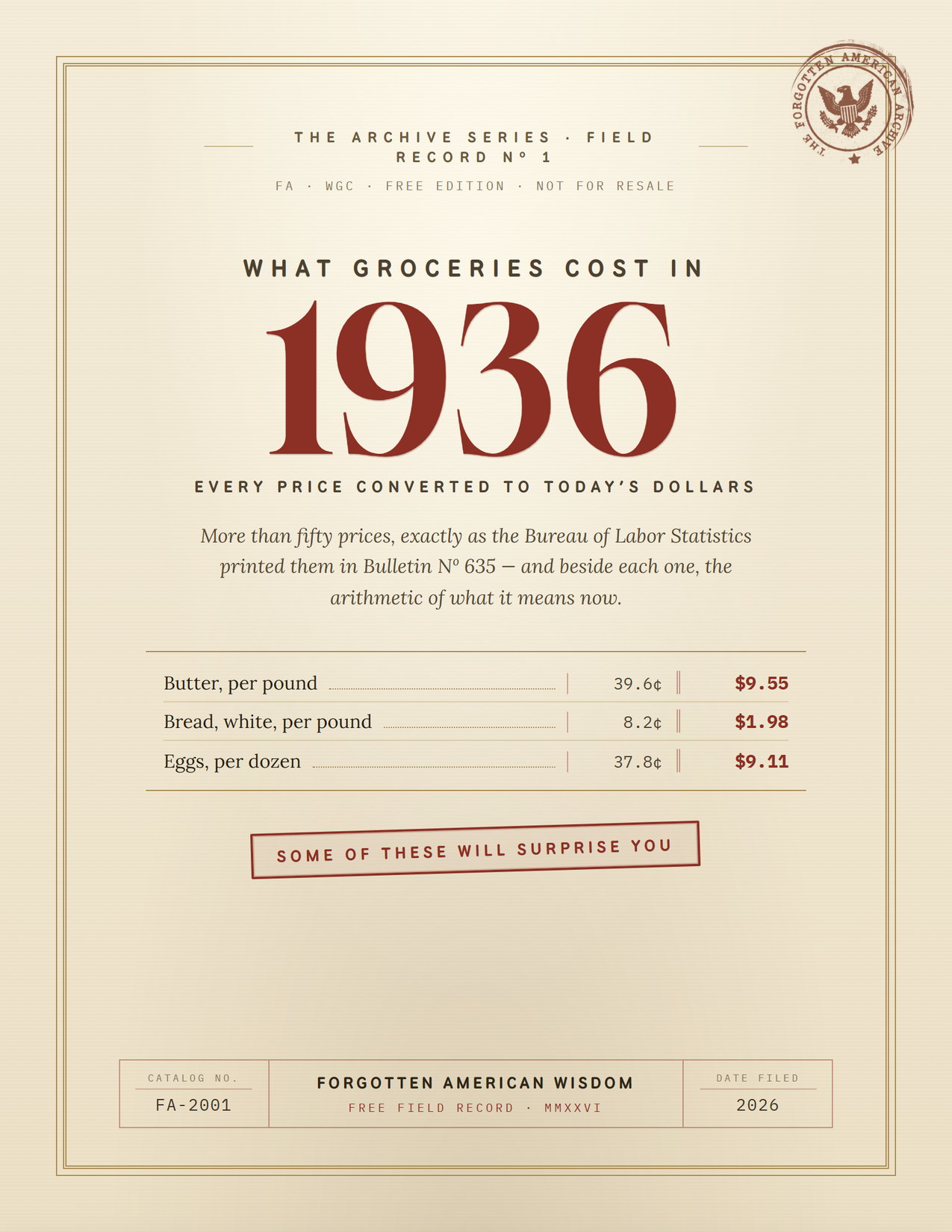 Cover of the booklet: What Groceries Cost in 1936, Forgotten American Wisdom Archive Series