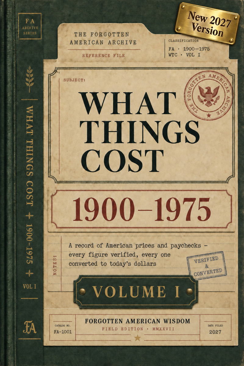 Volume I cover: What Things Cost 1900–1975, green cloth with gilt frame, The Forgotten American Archive